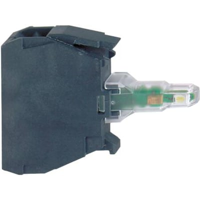 Schneider Electric lampeelement med blinkende hvid LED, 230V, vist i profil med tydelig LED-indikator og mørk grå bagside.
