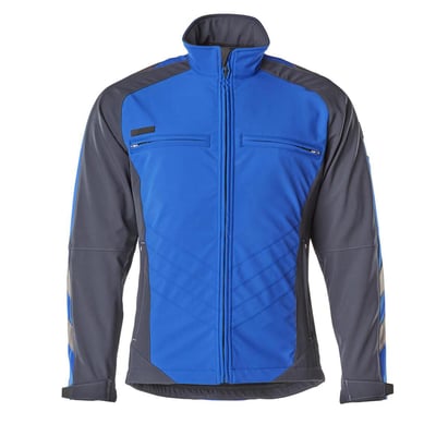 Mascot tofarvet softshell jakke i kobolt og mørk marine, størrelse 4XL, vist på hvid baggrund med lynlås foran.