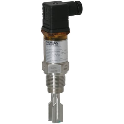 Siemens SITRANS LVL100 niveau switch, model SG51SM.XXSGBCPV, med rustfrit stålhus og vibrerende gaffel på en hvid baggrund.