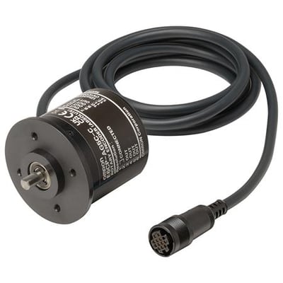 Omron E6CP-AG5C-C absolut encoder med 256 sider, 8-bit, 5m kabel og H8PS-stik på sort baggrund.