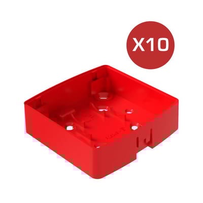 Pakke med 10 røde bagplader til Smartcell alarmtryk. Basen har udskæringer og monteringshuller, med "x10" angivet i øverste højre hjørne.