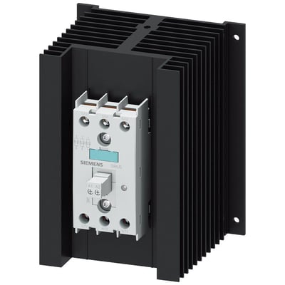 Siemens 3RF24 solid-state kontaktor, 3-faset, 50A, 48-600V AC, 4-30V DC med integreret køleplade og skrueklemmer.