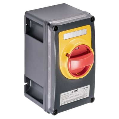 Kraus & Naimer ATEX sikkerhedsafbryder 32A i grå plastikkapsling med rødt/gult greb, IP66 certificeret.