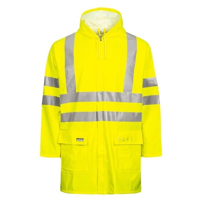 Lyngsøe Rainwear flammehæmmende Hi-vis regnjakke FR-LR55 i gul farve, størrelse 4XL, med refleksstriber og hætte.