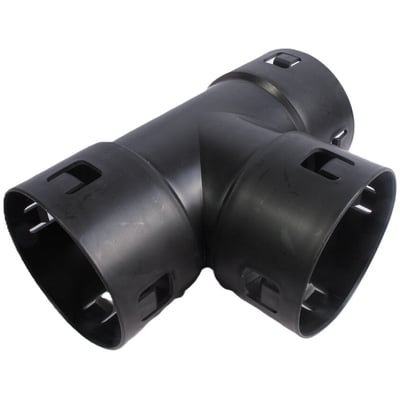 GreenMax grenrør i sort polypropylen med tre udgange, måler 80 x 80 mm og har en 90 graders vinkel til vandings- og luftningsrør.