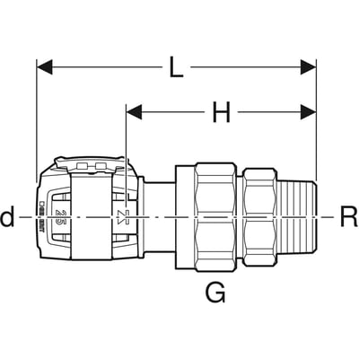 Målskitse af Geberit FlowFit union i blyfri siliciumbronze med dimensioner angivet.