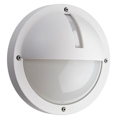 Tættere vinkel af SG Armaturen Uno LED vægarmaturets runde, hvide design, der viser monteringsskruer og den halvrunde skærm.