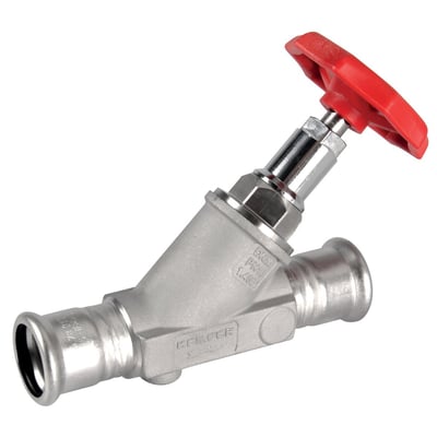 Kemper Niro fristrømsventil i rustfrit stål med 15 mm tilslutning og rød betjeningshåndtag, perfekt til "M-Press" systemer.