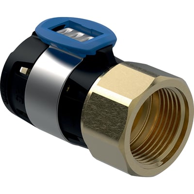 Geberit FlowFit overgangsmuffe i messing og sort plast med blå clips, 32mm til 1 1/4" gevind.