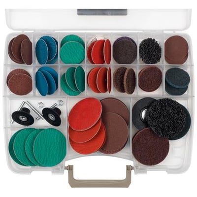 Tyrolit Qdisc 50XR_75XR demoboks P med et assortment af slibeskiver i forskellige farver, størrelser og typer, organiseret i et plastikopbevaringssystem.