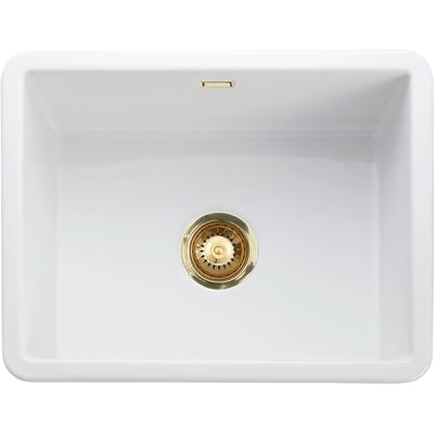 LAVABO Mataro III hvid keramisk køkkenvask set ovenfra med firkantet kumme, messingfarvet afløb og overløb.
