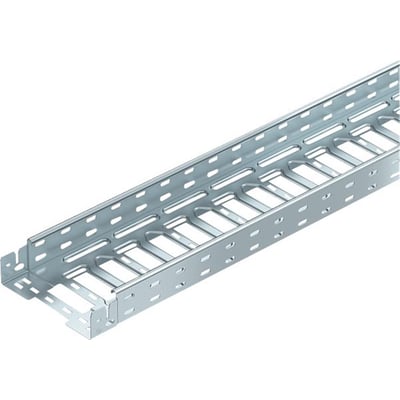 Detaljeret perspektiv af OBO Bettermann MKS-Magic EZ kabelbakken, der viser dens 200mm bredde og perforerede design.