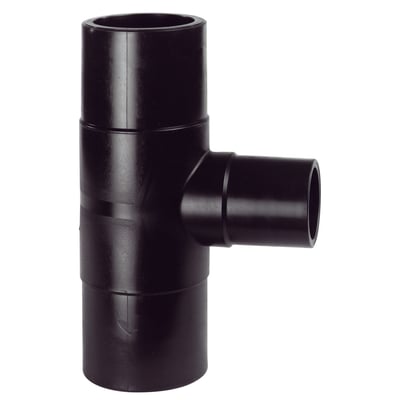 Georg Fischer PE-tee med spidsende til el-svejsning, 180 x 90 mm, reduceret 90° PN16 SDR11 i sort PE100 materiale.