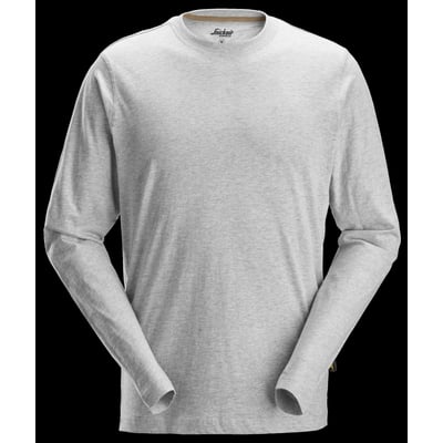 Bagfra af Snickers Workwear langærmet t-shirt i lys gråmeleret bomuld, str. S, med fokus på den ensfarvede bagside og detaljer ved kraven.