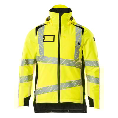 Mascot Hi-Vis jakke, gul/sort, 5XL, viser detaljer som lynlås, refleksbånd på ærmer og brystlomme med ID-kortholder.