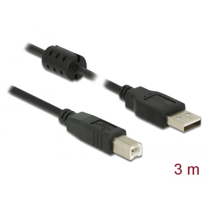 Delock sort 3 meter USB 2.0 kabel med Type-A han og Type-B han stik, samt en ferritkerne.