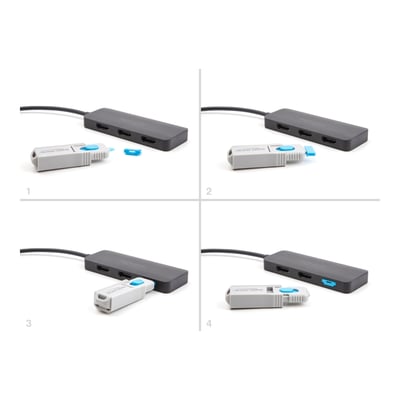 Demonstration af DeLock HDMI port blocker sæt i fire trin, viser hvordan blokkerne indsættes i HDMI hun porte.