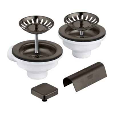 Grohe bundventil til køkkenvask i børstet hard graphite, komplet sæt med to afløb, firkantet dæklåg og overløbsrist.