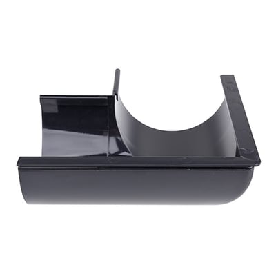 Plastmo udvendig gering i sort plast med 90 graders vinkel og 12" størrelse, vist fra siden på hvid baggrund.