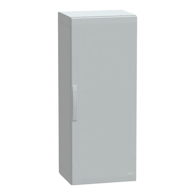 Lukket Schneider Electric polyester gulvskab, 1250x500x420 mm, IP65, vist fra siden med lukket dør og håndtag.