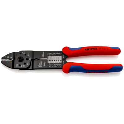 Knipex 97 21 215 crimptang med røde og blå håndtag, set fra en let vinkel på en hvid baggrund.