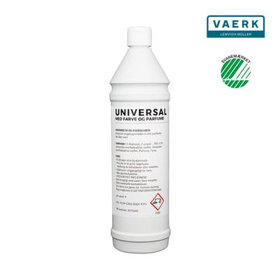 Hvid plastflaske med universalrengøring mærket 'UNIVERSAL MED FARVE OG PARFUME', Svanemærket logo og Vaerks logo på hvid baggrund.