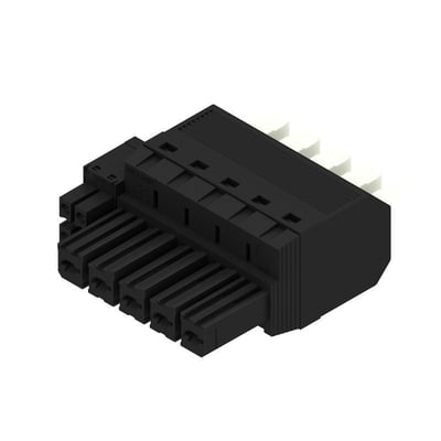 Sort Weidmüller-hybridconnector til printplade med fem poler og PUSH IN-tilslutning med aktuator, set skråt forfra.