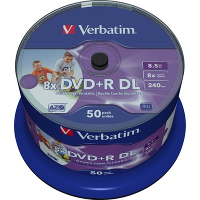 Verbatim DVD+R DL 8x 8,5 GB spindel med 50 stk, med illustration af glade børn og AZO teknologi.