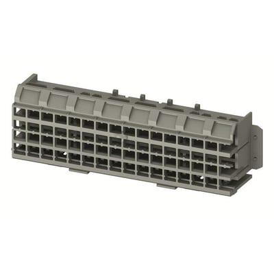 ABB Smissline TP power hulprailhouder med plads til 8 moduler, vist fra siden med detaljeret ruminddeling.