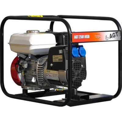 AGT 2501 HSB generator med 2,2 KW, 2x230V udtag og Honda GX 160 motor, vist fra siden på hvid baggrund.
