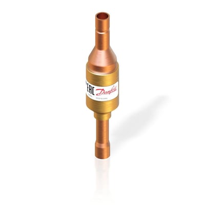 Danfoss NRV 16S kontraventil med 5/8-tommer loddetilslutning, set forfra med kobberfarvede rørender.