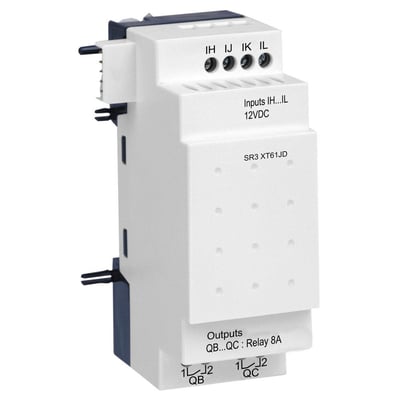Schneider Electric Zelio udvidelsesmodul SR3 XT61JD med 6 I/U til 12VDC, vist forfra med terminaler for input IH, IJ, IK, IL og output QB, QC.