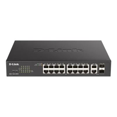 D-Link DGS-1100-18PV Gigabit PoE+ switch med 18 netværksporte, set forfra og ovenfra.