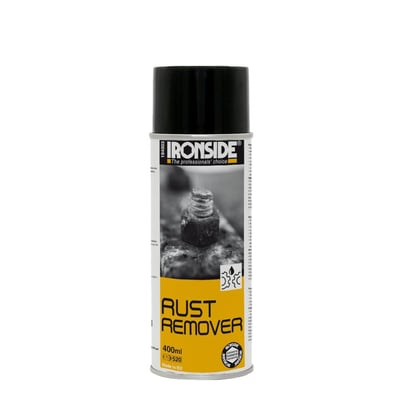 Ironside rustløsner spray på 400 ml i sort og gul dåse, vist forfra med rustent gevind på etiketten.
