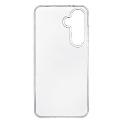 Gennemsigtigt TPU-cover til Samsung Galaxy S24 FE set forfra, viser præcise udskæringer til kamera og knapper.