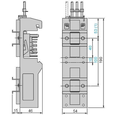 Schneider Electric strømaftager AK5PA242 med dimensioner vist på diagram, 3f+n, 25a.