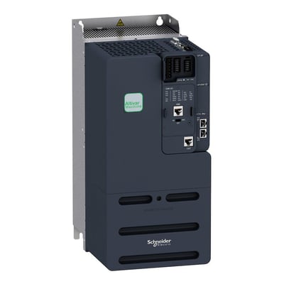 Detaljeret sidevisning af Schneider Electric Altivar 340 frekvensomformer, fremhæver tilslutningsporte og modelinformation.