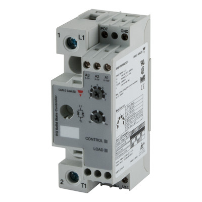 Carlo Gavazzi 1-polet analog-styret solid-state relæ i gråt hus med tilslutninger, drejeknapper og mærkning.