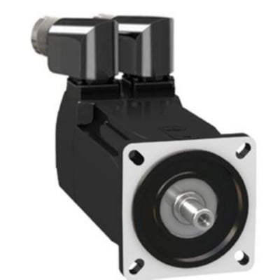 Schneider Electric servomotor, 70mm, 1,4NM, IP54, sort med to sorte tilslutningsbokse på hvid baggrund.