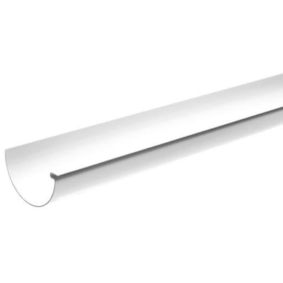 Plastmo hvid tagrende på 4 meter i blyfri PVC, der ses fra siden med fokus på den indvendige bue.