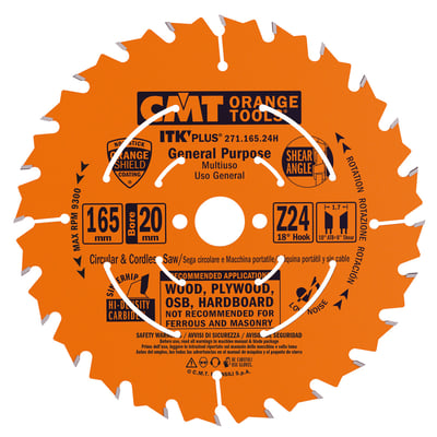 CMT ITK PLUS General Purpose rundsavklinge Ø165mm med 20mm borestørrelse og 24 tænder, lavet af hi-density carbide.