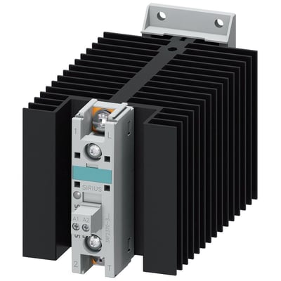 Siemens 3RF2 solid-state kontaktor, 70A, 24-230V, med integreret køleplade og ringkabeltilslutning, hvid og grå.
