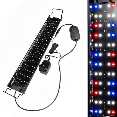 Sort terrarielampe med UVA/UVB-lys til reptiler, justerbar fra 80 til 100 cm, med ledning og betjeningsenhed.