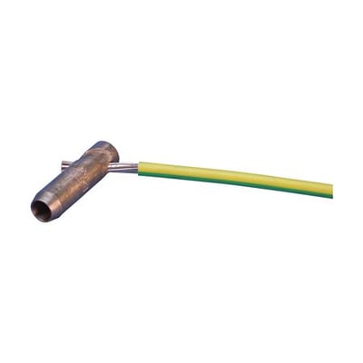 Jordstangsspænde med prefab pigtail, 5/8 tommer, i metal med grøn-gul kabel til jordsamling.
