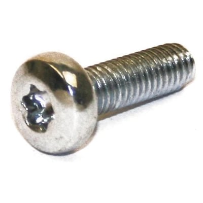 Nærbillede af maskinskrue med panhoved og TX 20 TORX kærv, viser detaljer på M4x6mm gevind og galvaniseret overflade.