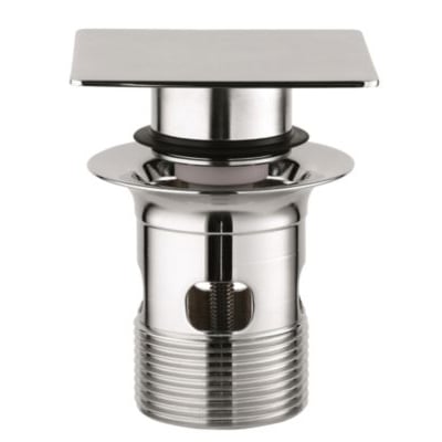Grohe pop-up bundventil til vaske med overløb, vist med blank krom StarLight overflade og firkantet trykknap.