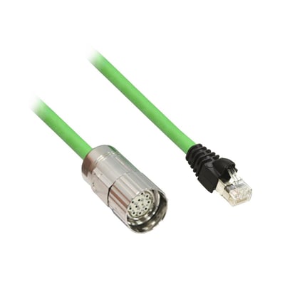 Schneider Electric PD3 encoder kabel på 3 meter, med et rundt metallstik i den ene ende og et RJ45-stik i den anden.