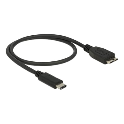 Sort DeLOCK USB 3.1 Gen 2-kabel på 0,5 meter med USB Type-C- og Micro-B-hanstik, vist snoet med begge stik synlige.