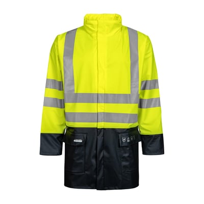 Lyngsøe Rainwear brandhæmmende Hi-Vis regnjakke i str. S med gul overdel, sorte paneler og refleksbånd.