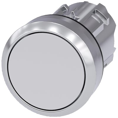 Siemens SIRIUS ACT trykknap, 22mm, rund, højglans metalramme med hvid flad knap og låsende mekanisme.